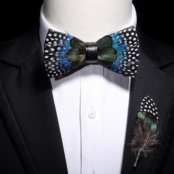 Handmade Blue and Green Spotted Feather Bow Tie Boutonnière Lapel Pin Set - Picture 1 of 12